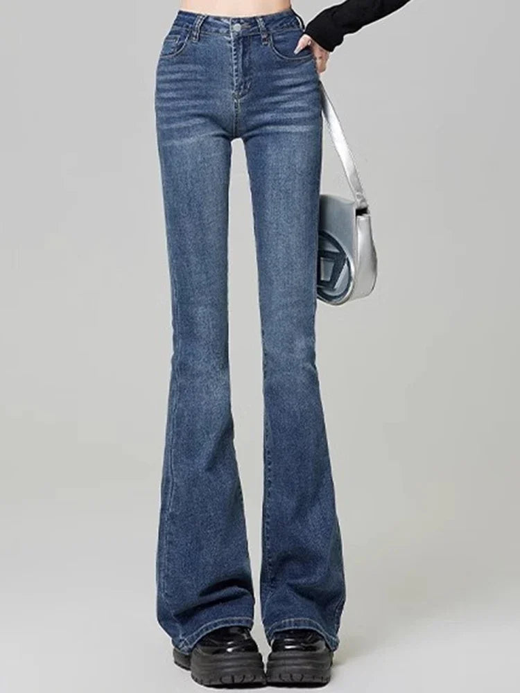 Women Vintage High Street Bell Bottom Jeans Lady Sexy Slim Fit Denim Flare Pants Deep Blue Light Blue Black Blue Gray Trousers
