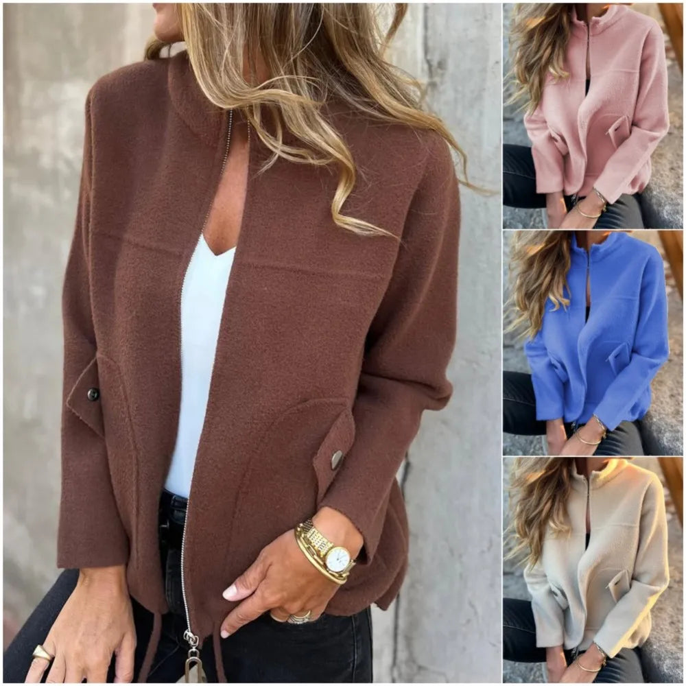 New Casual Zipper Cardigan Wool Jacket For Women's 2025 New Fashion Stand Collar Tether Pocket Loose Versatile Female Wool Coat