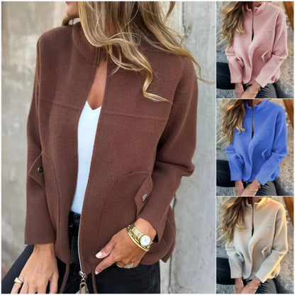New Casual Zipper Cardigan Wool Jacket For Women's 2025 New Fashion Stand Collar Tether Pocket Loose Versatile Female Wool Coat