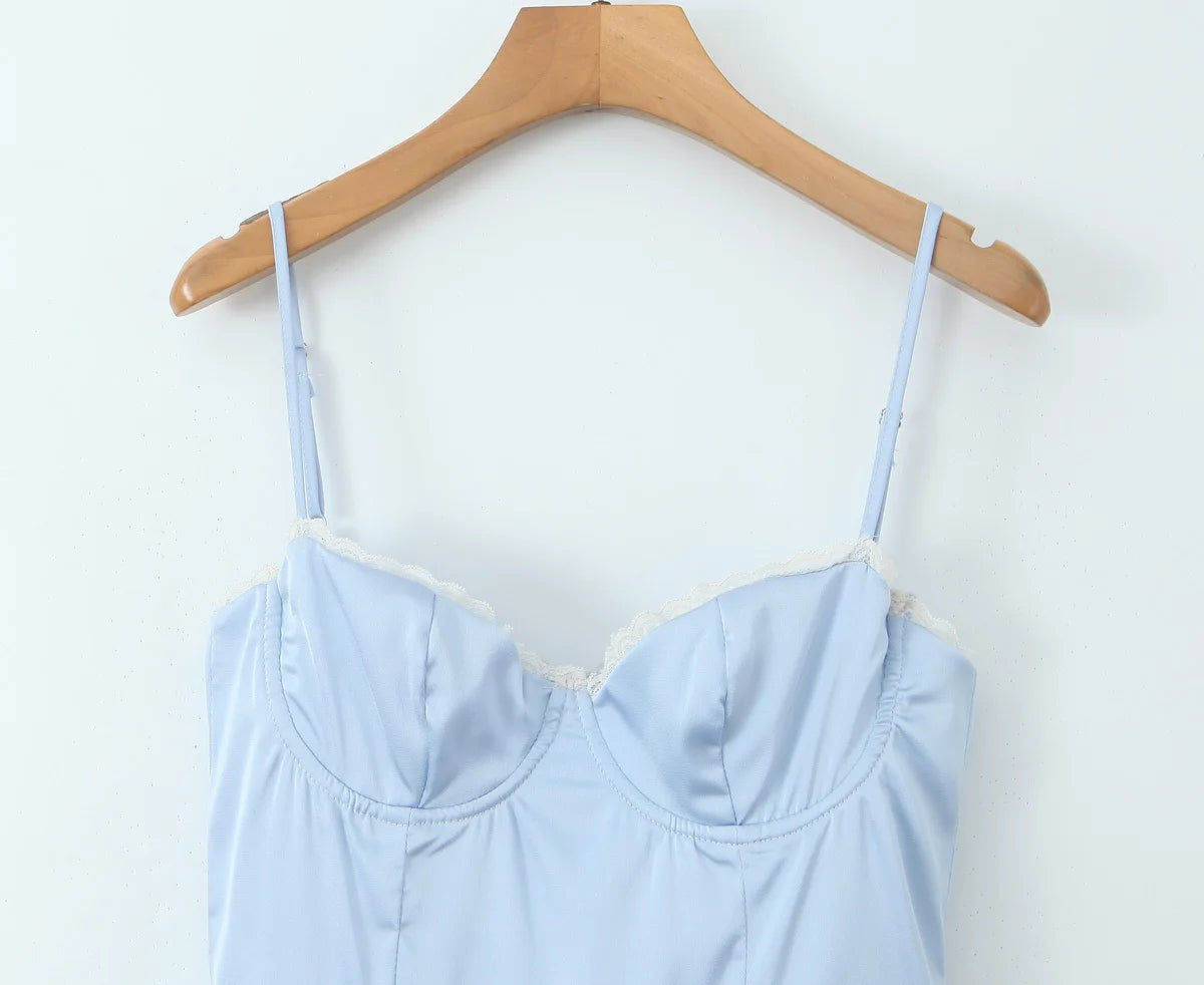European and American style French niche slim fit suspender dress women's summer satin three-layer three-dimensional steel ring