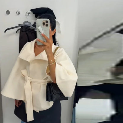 chic vintage cape jacket with belt stand neck single breasted loose coat loose flare sleeve coats early lady autumn Y2K outwears
