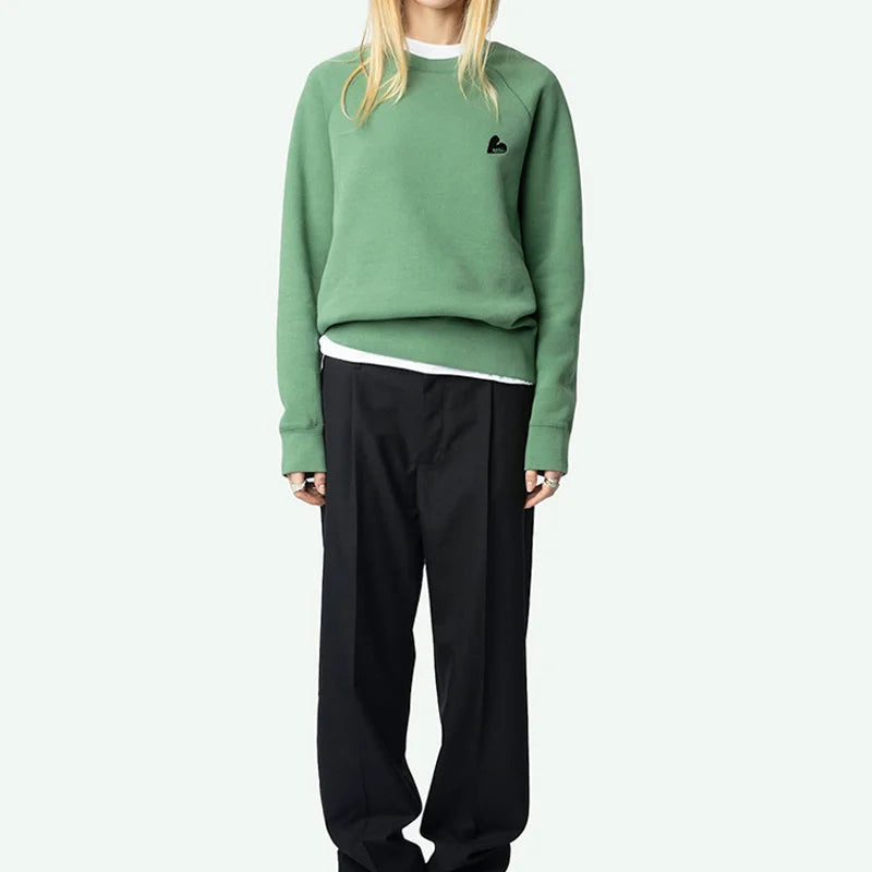 Green Sweatshirt Women Crew Neck Cotton Sweatshirt Long Sleeve Tops Female Casual Love Embroidery Pullovers 2025 New Pullover