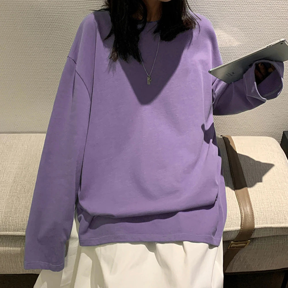 Cotton Spring New Long sleeve T-Shirt Women Basic Tee Shirt Oversize T Shirt Women Casual O-neck Women Tshirt US size