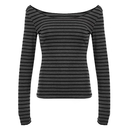 Y2K Grunge Emo 00s Vintage T-Shirt Black Grey Striped Off Shoulder Long Sleeve Jumper Top Chic Women Autumn Retro Goth Tee Shirt