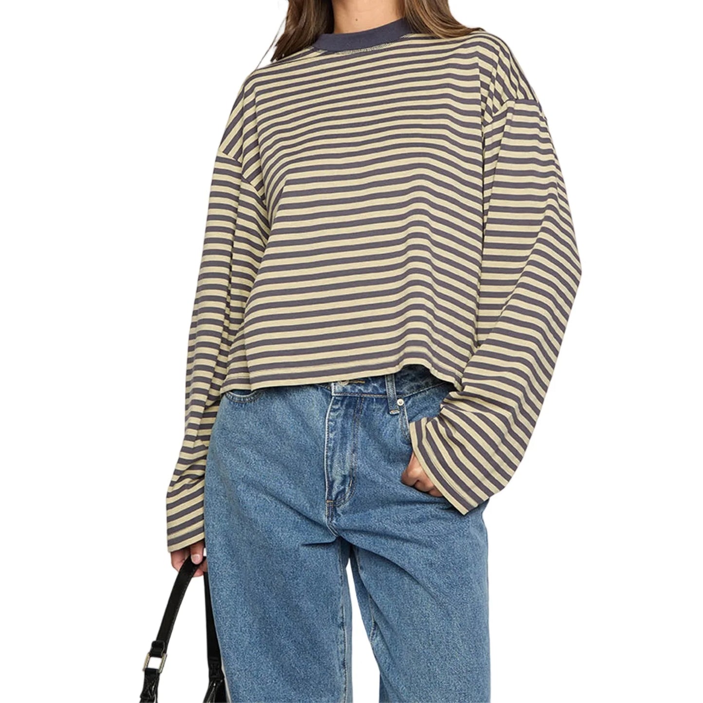 2025 Women Retro T-shirt Long Sleeve Crew Neck Loose Ladies Fall Casual Striped Top Streetwear