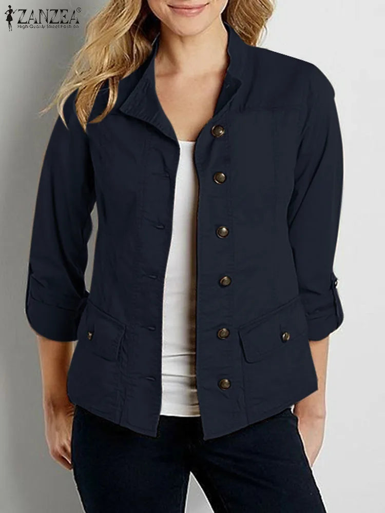 ZANZEA Fashion OL Jackets Woman Long Sleeve Stand Collar Outerwear Autumn Vintage Party Work Wear Female Elegant Button UP Coats