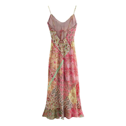 European And American Style 2024 Summer Women's New Fashionable And Casual Temperament Slim Fit Backless Patchwork Printed Dress