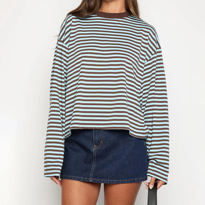 2025 Women Retro T-shirt Long Sleeve Crew Neck Loose Ladies Fall Casual Striped Top Streetwear