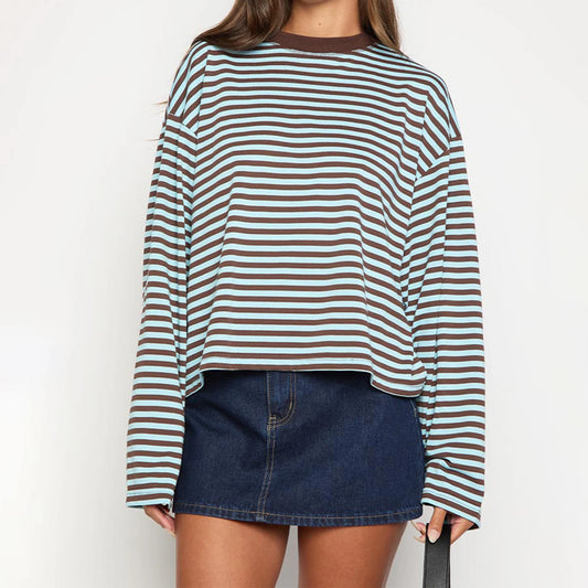 2025 Women Retro T-shirt Long Sleeve Crew Neck Loose Ladies Fall Casual Striped Top Streetwear