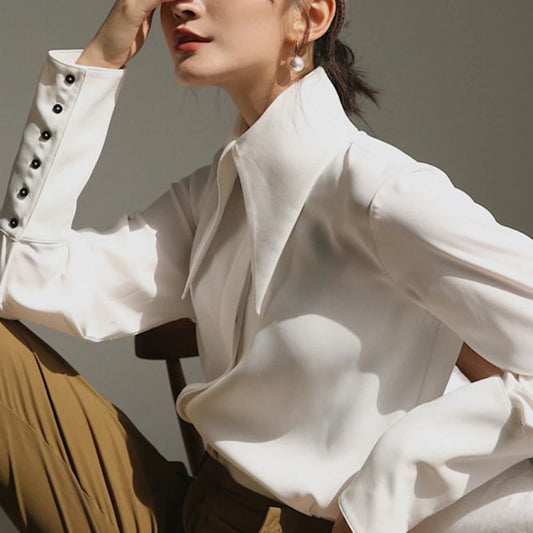 Stylish Elegant Turn Down Collar White Long Sleeve Satin Shirts Fashion Woman Vintage Blouse 2024 Office Lady Tops Blusas 16946