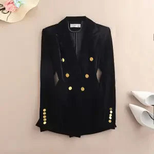 Spring Autumn New Canary Velvet Blazer Women Double Breasted Pocket Fashion Slim Suit Jacket Female Elegant Blazers Coat W815