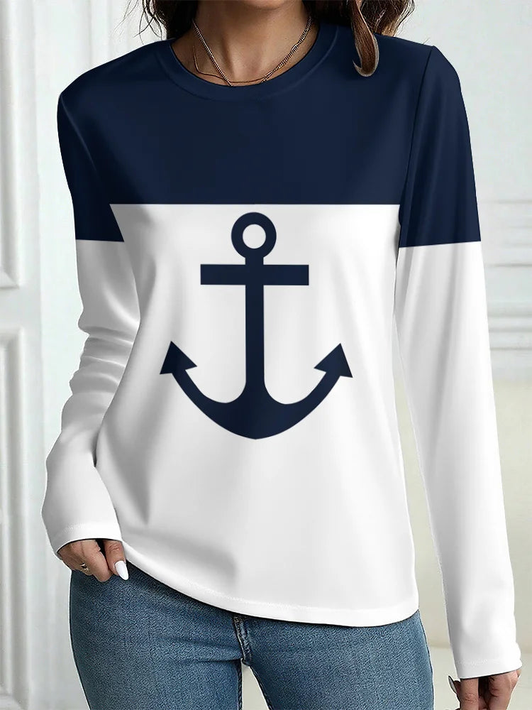 Women's T-Shirt Outdoor Casual Long Sleeve Pattern Print Street Crew Neck Fall Female Oversized Clothing Fashion T Shirts