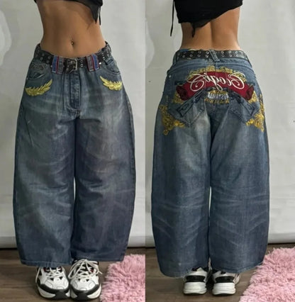 Harajuku Vintage Hip-hop Pop Letters Embroidered Washed Baggy Jeans Ladies Y2K Gothic Fashion Casual High Waist Wide Leg Pants