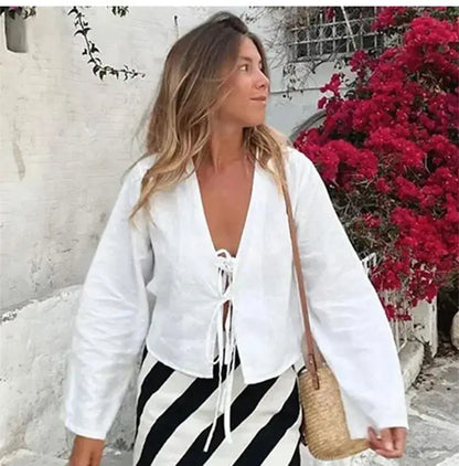 ALOBEE Loose Lace Up Bow Shirt Women Elegant V Neck Long Flare Sleeve Lady 2024 New Spring Summer Simple High Street Female Tops