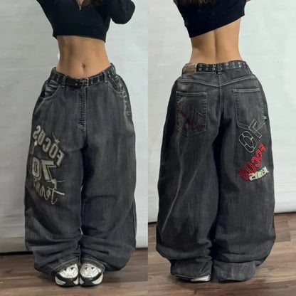 Harajuku Vintage Hip-hop Pop Letters Embroidered Washed Baggy Jeans Ladies Y2K Gothic Fashion Casual High Waist Wide Leg Pants