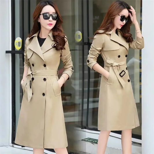 Windbreaker Women's Long British 2023 Spring And Autumn New Coat Korean Double Breasted Ladies Knee-High Coat Lace-Up Trench