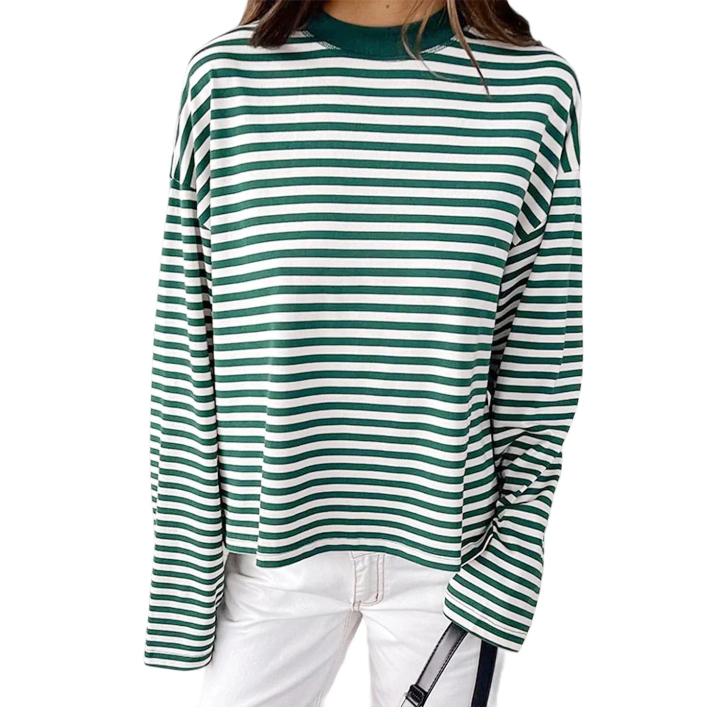 2025 Women Retro T-shirt Long Sleeve Crew Neck Loose Ladies Fall Casual Striped Top Streetwear