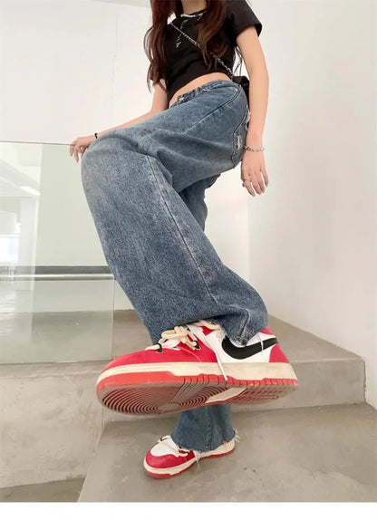 Vintage High-Waisted Wide-Leg Jeans Women's Spring New Loose-Fit Slimming Plus Size Pear-Shaped Body Straight-Leg Pants