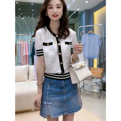 Ice Silk Knitted Sweater Cardigan Women's 2025 Summer New Short-sleeved Hollow Out Korean Style Office Lady Chic Top