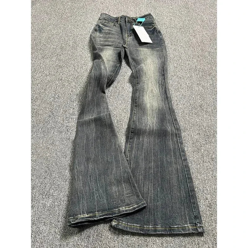 Summer High Waist Slim Black Grey Jeans American Style Vintage Long Pants Oversized Washed Denim Flare Pants Women Spring