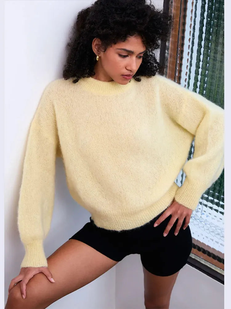Fluffy Mohair Crew Neck Slouchy Sweater Soft Textured Loose Fit 2025 Autumn Cozy Chic Women Knit Top Casual Sweet Lady Jumper