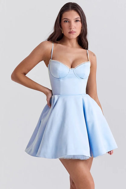 European and American style French niche slim fit suspender dress women's summer satin three-layer three-dimensional steel ring