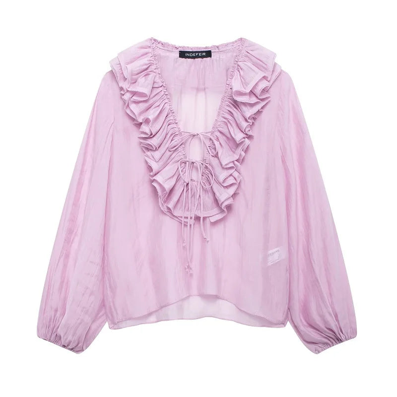 MUJER 2025 Ruffle Blouses for Women Semi Sheer Casual Blouse Woman Pleated Summer Shirts and Blouses Women Long Sleeve Women Top