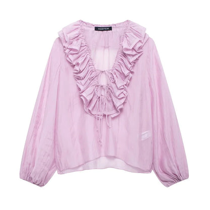 MUJER 2025 Ruffle Blouses for Women Semi Sheer Casual Blouse Woman Pleated Summer Shirts and Blouses Women Long Sleeve Women Top