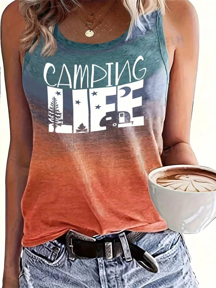 Gradual Color Print Women's Casual Tank Top Street Fashion Women's Crew Neck Tank Top Summer Outdoor Beach Sleeveless T-shirt