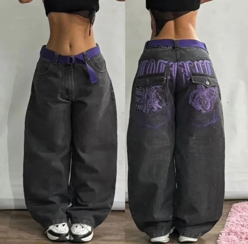 Harajuku Vintage Hip-hop Pop Letters Embroidered Washed Baggy Jeans Ladies Y2K Gothic Fashion Casual High Waist Wide Leg Pants