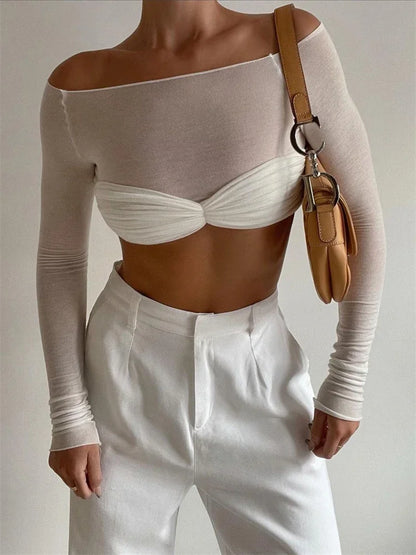 Tossy Mesh Sheer Off-Shoulder Top Shirt For Women New Long Sleeve See-Through Lace Knit Pullover Tops Summer Mesh Top Tee Shirt