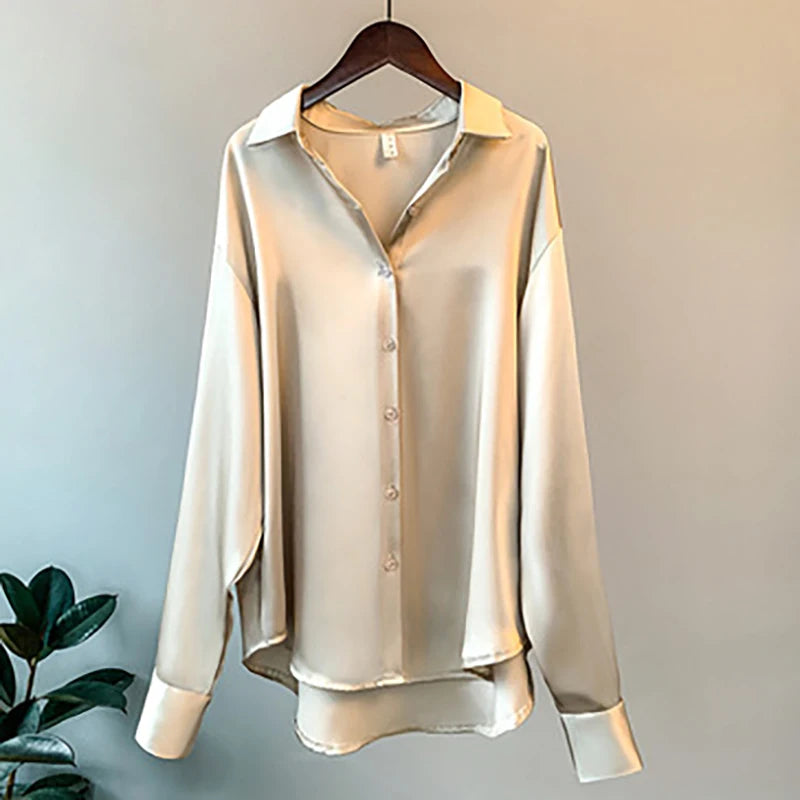 Elegant Black White Shirt Women Spring Autumn Long Sleeve Silk Satin Blouses For Women Fashion Turn Down Collar Button Shirt