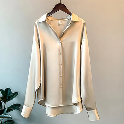 Elegant Black White Shirt Women Spring Autumn Long Sleeve Silk Satin Blouses For Women Fashion Turn Down Collar Button Shirt