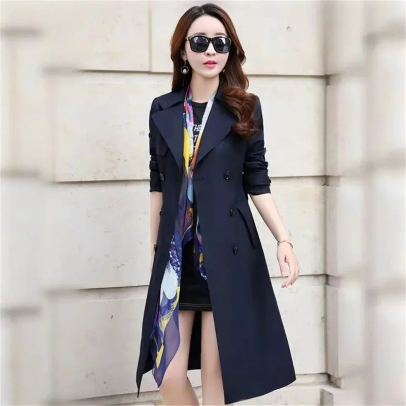 Windbreaker Women's Long British 2023 Spring And Autumn New Coat Korean Double Breasted Ladies Knee-High Coat Lace-Up Trench
