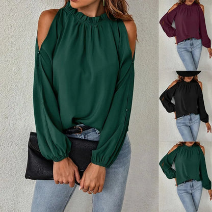 Fashion lotus leaf pleat semi high neck off shoulder hollowed out long sleeved top spring autumn women's elegant temperament top
