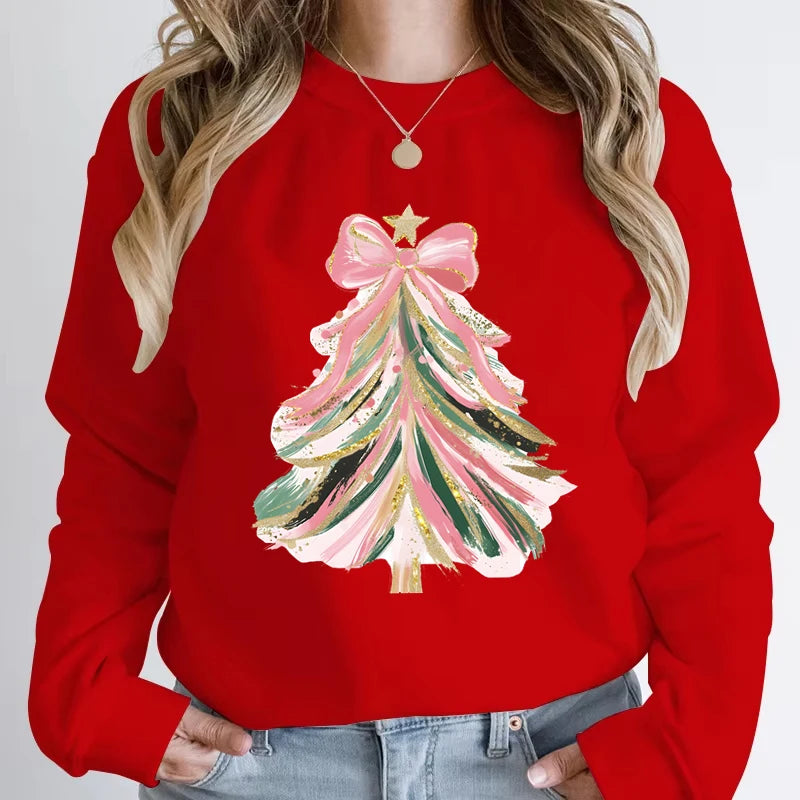 Casual Vintage Christmas Tree Graphic Women Sweatshirts Long Sleeve Crew Neck Y2K Sudaderas Funny Holiday Xmas Hoodless Pullover