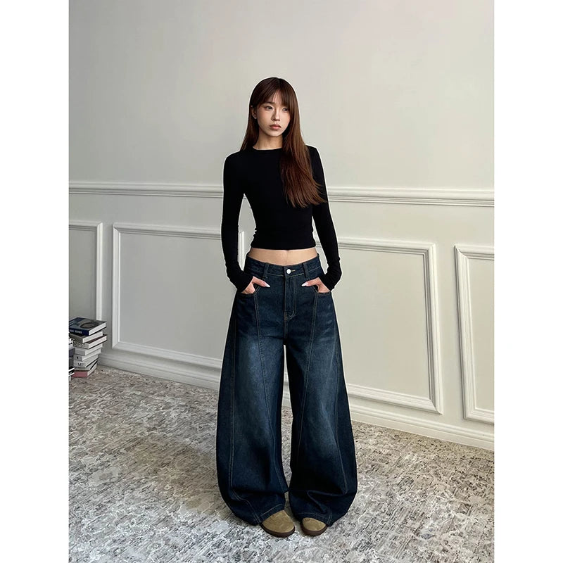 Blue Women's Retro Y2K 2000s Wide Leg Baggy Casual Denim Trouser High Waist Loose Jeans 2024 Autumn Harajuku Full Length Pants