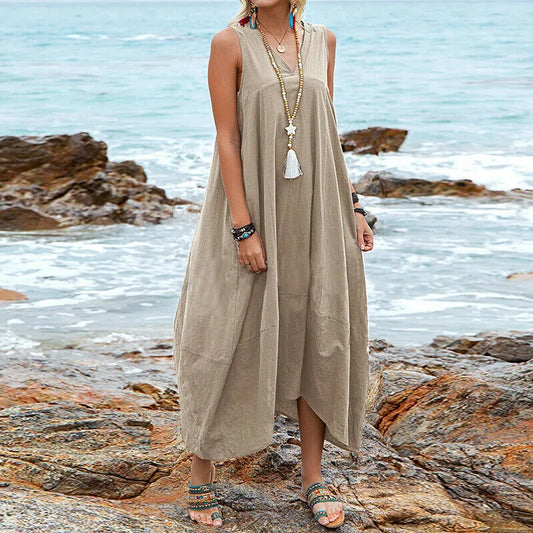 Loose Women's Dress Elegant Summer Solid Color Beach Dress Cotton Linen V-neck Pocket Dress Casual Temperament Party Dress