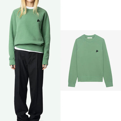 Green Sweatshirt Women Crew Neck Cotton Sweatshirt Long Sleeve Tops Female Casual Love Embroidery Pullovers 2025 New Pullover