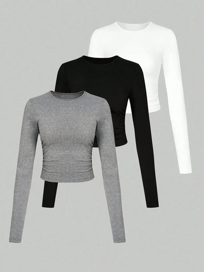 Women's 3-Piece Crew Neck Long Sleeve T-Shirt Set, Casual Daily Tops for All Seasons