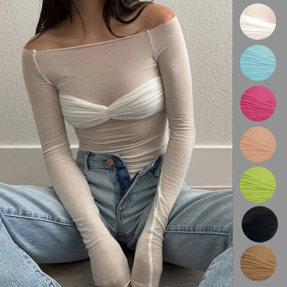 Tossy Mesh Sheer Off-Shoulder Top Shirt For Women New Long Sleeve See-Through Lace Knit Pullover Tops Summer Mesh Top Tee Shirt