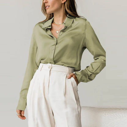 Elegant Black White Shirt Women Spring Autumn Long Sleeve Silk Satin Blouses For Women Fashion Turn Down Collar Button Shirt
