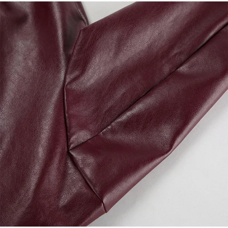 Zekye Spring Summer Women Jackets Fashion Lapel Zipper Long Sleeve Female Coats Lady Street Outwear Burgundy Leather Jacket