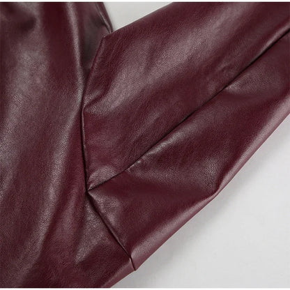 Zekye Spring Summer Women Jackets Fashion Lapel Zipper Long Sleeve Female Coats Lady Street Outwear Burgundy Leather Jacket