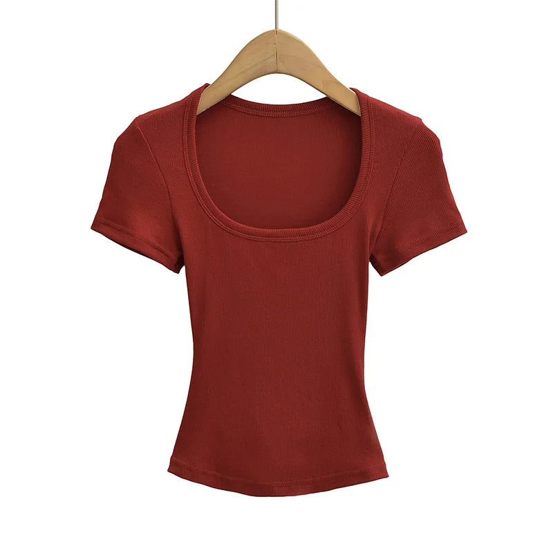 Summer square neck high elasticity crop top women's short sleeved sexy top slim fit pullover base shirt