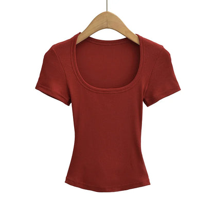 Summer square neck high elasticity crop top women's short sleeved sexy top slim fit pullover base shirt