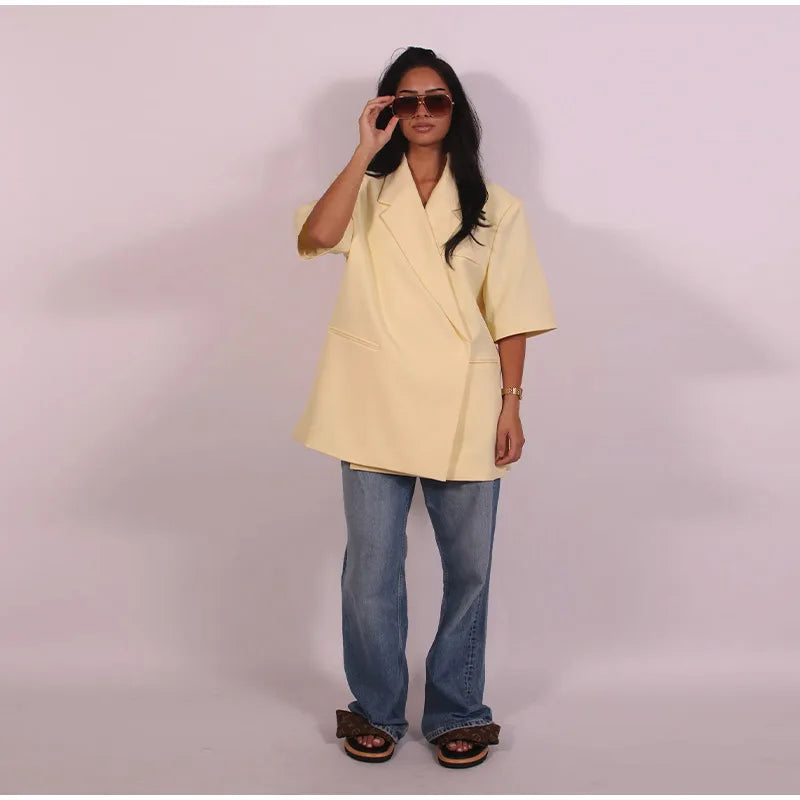 Women's Suit Jackets Loose Lapel One Button Short Sleeve Blazers 2025 Summer Elegant Lady Office Outwear Street