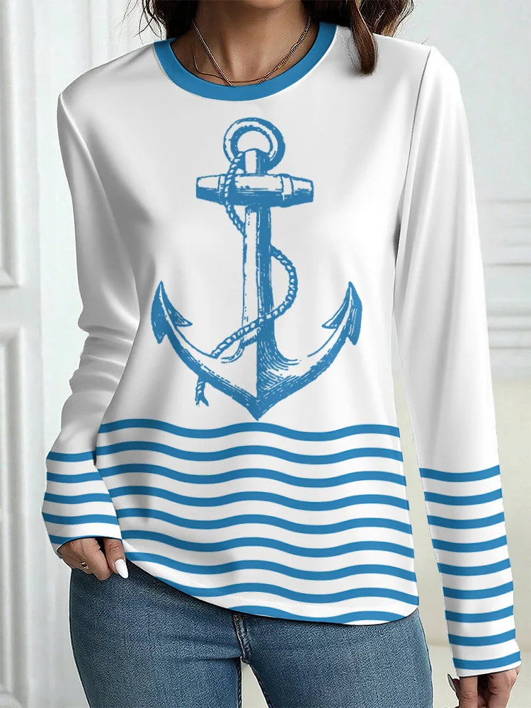 Women's T-Shirt Outdoor Casual Long Sleeve Pattern Print Street Crew Neck Fall Female Oversized Clothing Fashion T Shirts