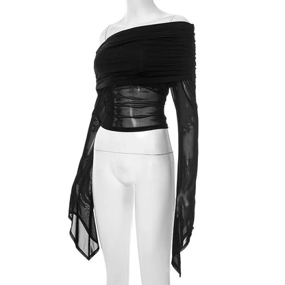 Off Shoulder Autumn Female's T-Shirt Solid Color Asymmetric Slash Neck Patchwork Women's Top Sexy Long Sleeve T-Shirt For Lady