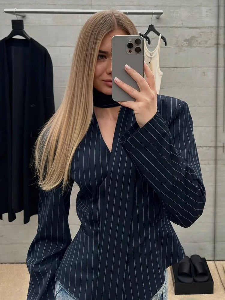 TARUXY Striped Print V-neck Ribbon Suit Coat For Women Long Sleeve Buttons Office Lady Top Elegant Female New Blazer Outwear